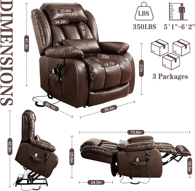Infinite Position Lay Flat Lift Recliner Chair for Adults Dual Motor Power Lift Chair for Elderly with Massage &amp Heating Extended Footrest USB Ports Remote Control &amp Lumbar Pillow Leather