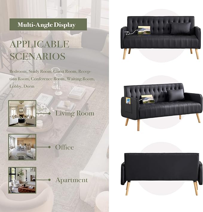 Black Leather Loveseat and Accent Chair Set of 2 Small Couch w/USB Charging &amp Pockets Mid Century Modern Tufted Love Seat and Chair Set Mini Office Sofa for Living Room Apartment