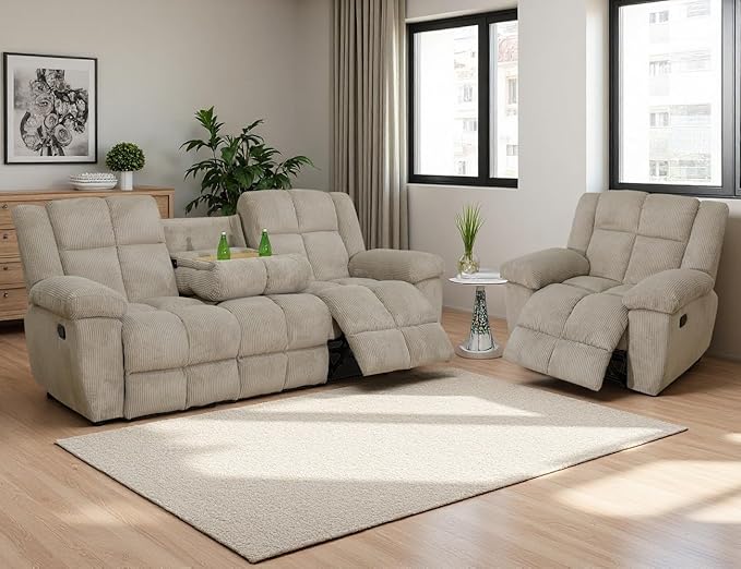 Manual Recliner Sofa Set Living Room Furniture Sets Corduroy Reclining Couches Comfy Reclining Chair Sofa with Coffee Table 2PCS Fabric Recliner Furniture for Home/Office (Beige 3+1 Seat)