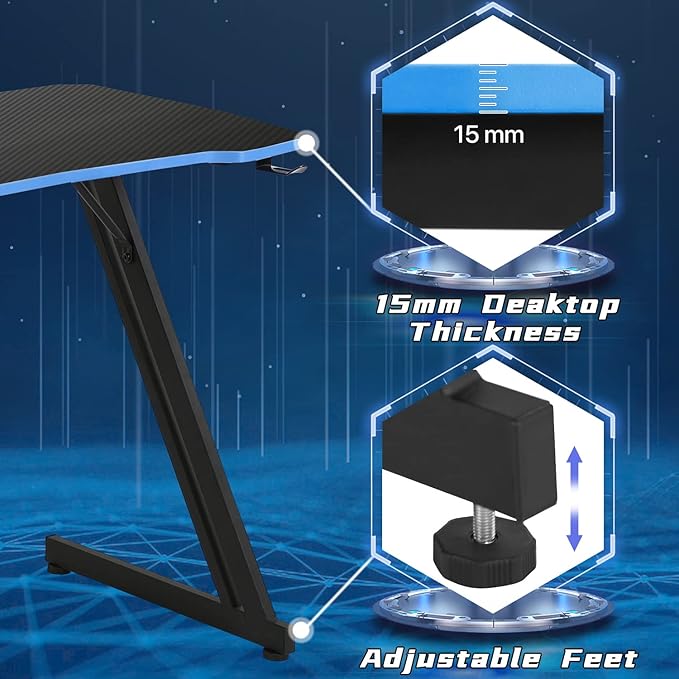 Dkelincs Gaming Desk 39.4 inch Z-Shaped Computer Desk PC Computer Table Home Office Desk Ergonomic Gamer Workstation with Headphone Hook Blue