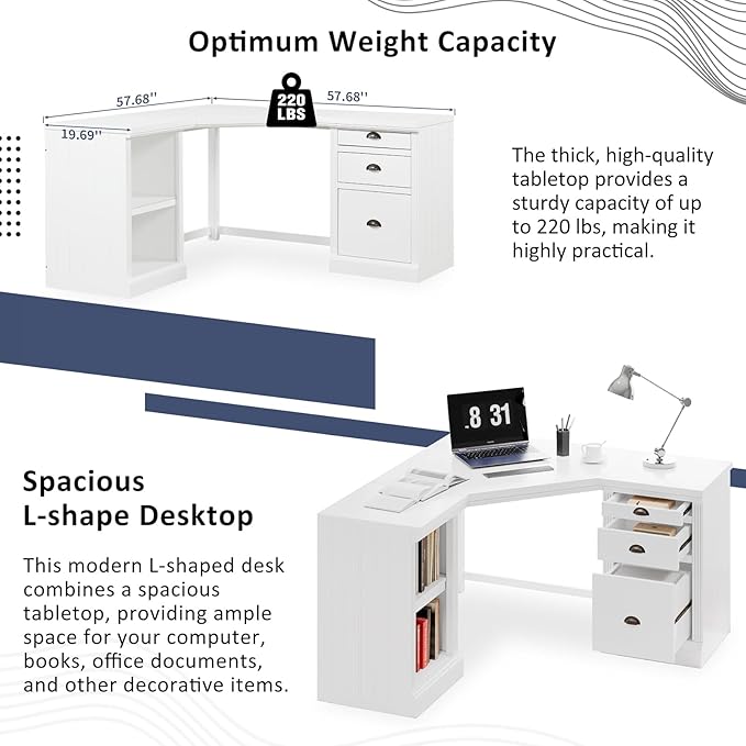 Modern L Shaped Executive Desk with 2 Storage Cabinets and 3 Drawers Corner Office Writing Desk Computer Desks with Depth Workstation for Home Office Living Room