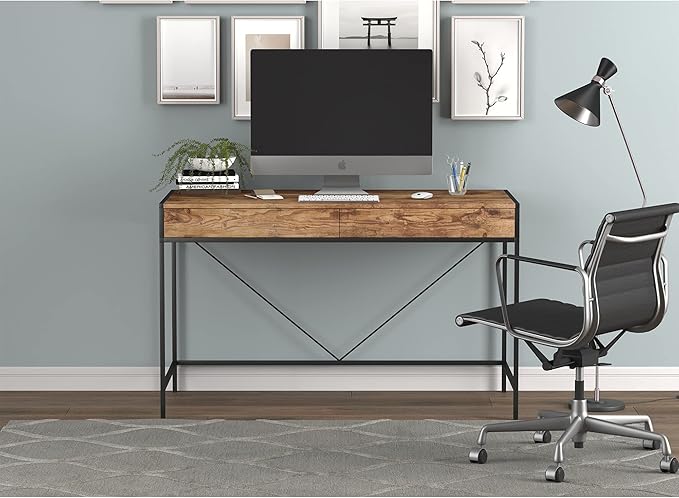 Safdie &amp Co. Computer Desk 49inch for Home Office and Small Spaces with 2 Drawers Brown Reclaimed Wood with Black Metal. Ideal for Writing Gaming Study Work from Home.