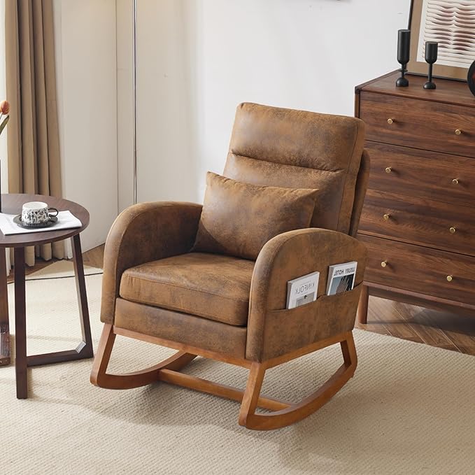 VINGLI Rustic Microfiber Nursing Rocking Chair with Thick Headrest Upholstered Mid-century Modern Nursery Rocker Glider with Curved Armrest Sturdy Solid Wood Base for Living Room Bedroom Baby Room
