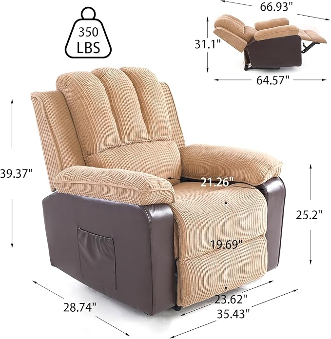 PU Power Recliner Sofa Ergonomic Lounge Chair Corduroy 8-Pointpower Recliner Heat Massage Electric Recliner Chairs with Side Pockets Brown Single Couch Comfy Chair for Bedroom Living Room