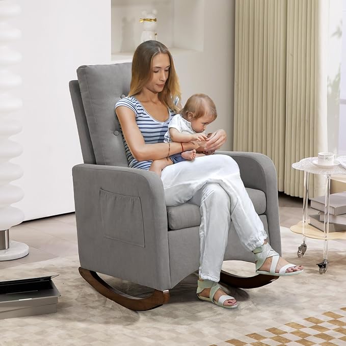 GarveeHome Upholstered Rocking Chair Accent Chair Nursery Rocking Chairs in Teddy Fabric with High Backrest Side Pocket and Rubber Wood Legs Comfy Nursing Chair for Living Room Gray (Gray)