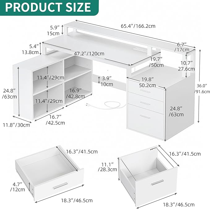 DWVO L Shaped Desk with 3 Drawers 65 Corner Computer Desk with Power Outlets &amp LED Lights L-Shaped Desk with File Cabinet &amp Printer Stand for Home Office White