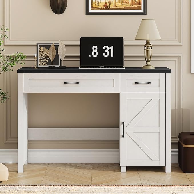Farmhouse 47 Executive Desk Computer Desk with Drawers and Storage Cabinet Workstation Computer Desk for Home Office and Study(Black