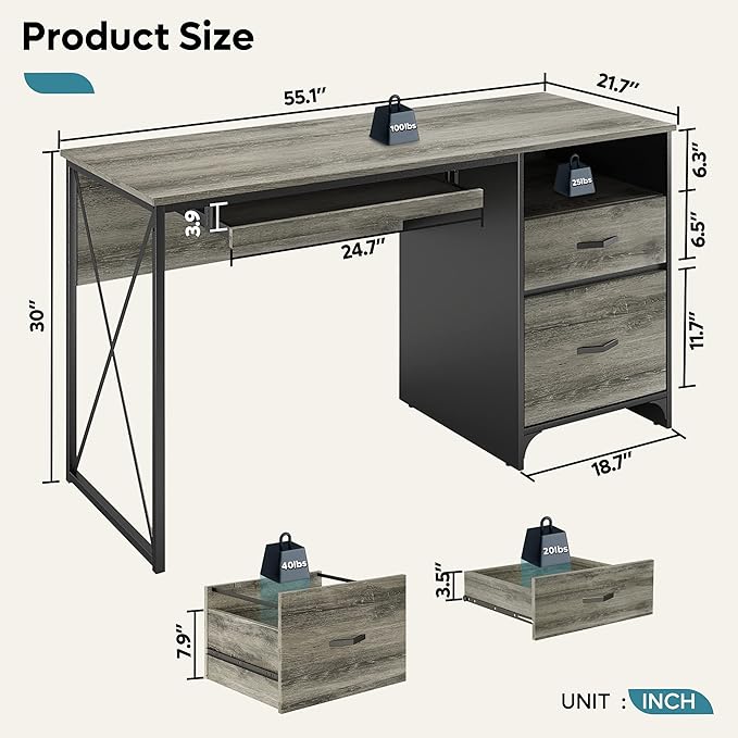 Bestier Office Desk with Drawers 55 inch Industrial Computer Desk with Storage Wood Teacher Desk with Keyboard Tray &amp File Drawer for Home Office Dark Gray Oak