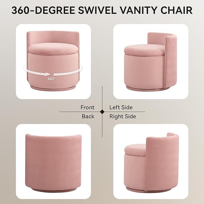 Large Velvet Vanity Chair with Storage 360° Swivel Makeup Chair with Wave Back No Assembly Small Accent Stool for Bedroom Dressing Living Room Pink