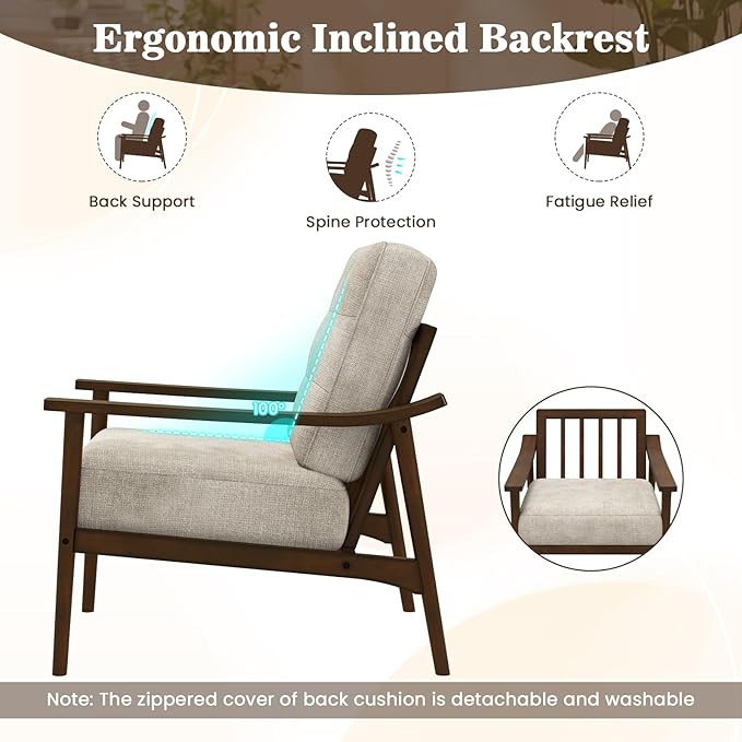 Giantex Mid Century Modern Accent Chair Max Load 440 LBS Upholstered Living Room Chair with Rubber Wood Armrests &amp Legs Removable Back Cushion Comfy Reading Arm Chair for Living Room Bedroom