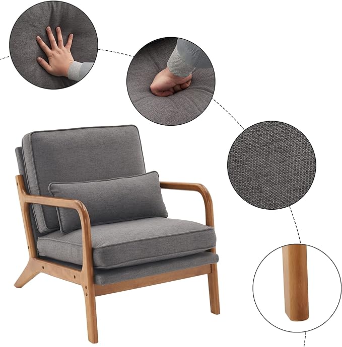 Mid-Century Armchair with Solid Wood FrameLiving Room Chair with Extra-Thick Padded Backrest and Seat CushionSingle Sofa Chairs with Non-Slip Feet105° Slop BackLinen Accent Chair for ClubOffice