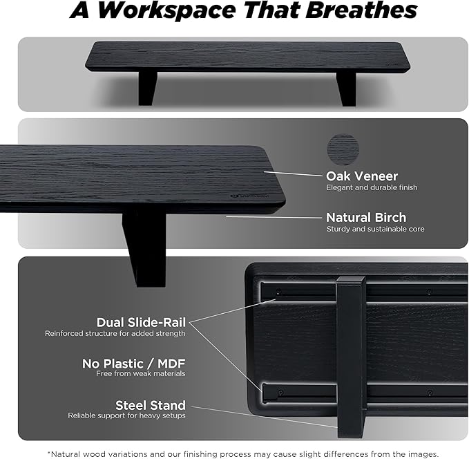 Moodular Wooden Monitor Stand 33.4” (85cm) Desk Organizer with Metal Slide Rails for Drawer Tray Laptop Tablet Phone &amp Headphones Customizable Riser for Organized Workspace Black MS85-B