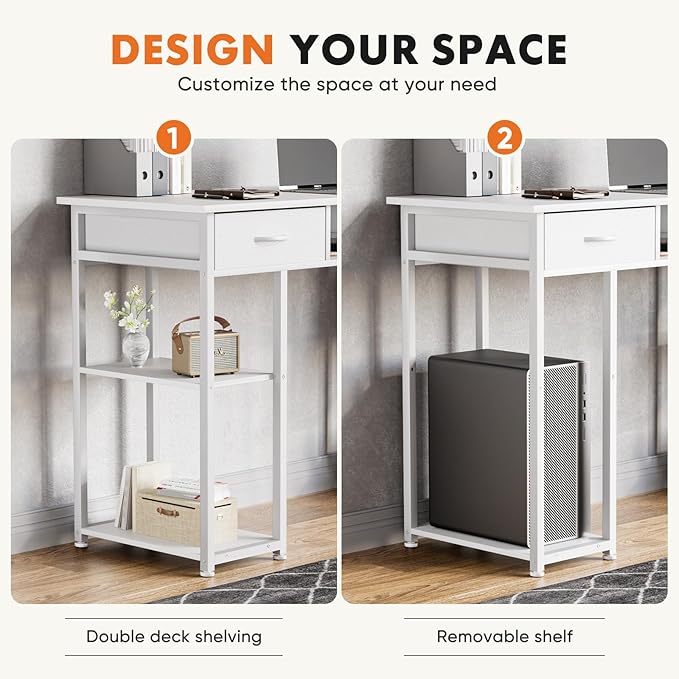 Sweetcrispy Computer Gaming Desk with Fabric Drawers - 48 Inch Home Office Bedroom Writing StudyTable with Storage Shelves Adjustable Feet PC Desk White