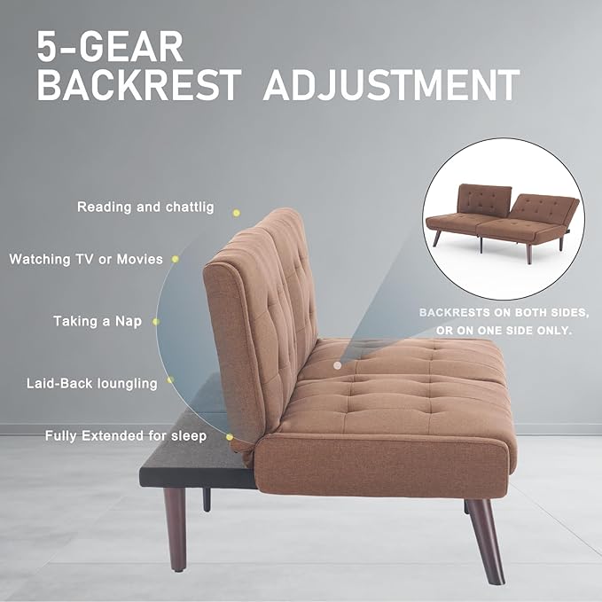 63 Loveseat Sofa Convertible Sofa Bed 5-Position Adjustable Backrest Sleeper Chair Guest Bed for Studio Apartment Basements Cabins Dorm Brown.