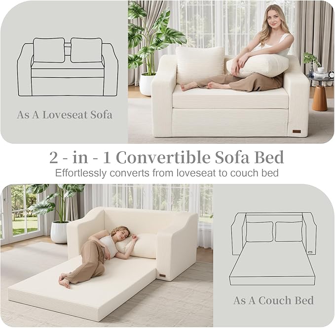 MeMoreCool Convertible Sofa Bed Pull Out Loveseat Sofa Sleeper Couch for Bedroom Living Room Lounge 2 in 1 Small Couch Bed with Pillow Foldable Love Seat Futon Corduroy Beige