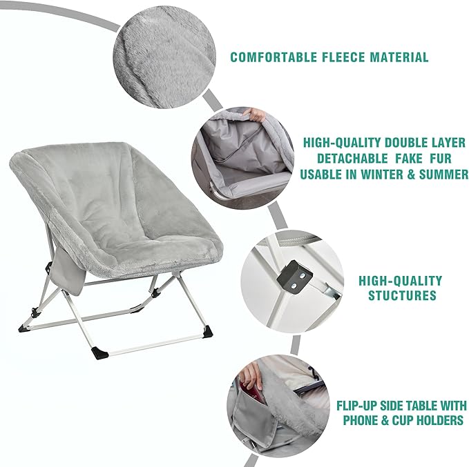 SUNNYFEEL Comfy Folding Saucer Chair for All SeasonsRemoval Faux Fur Soft Chair for AdultsReading Chair for Living Room Bedroom Dorm Metal Frame Moon Chair(Grey)