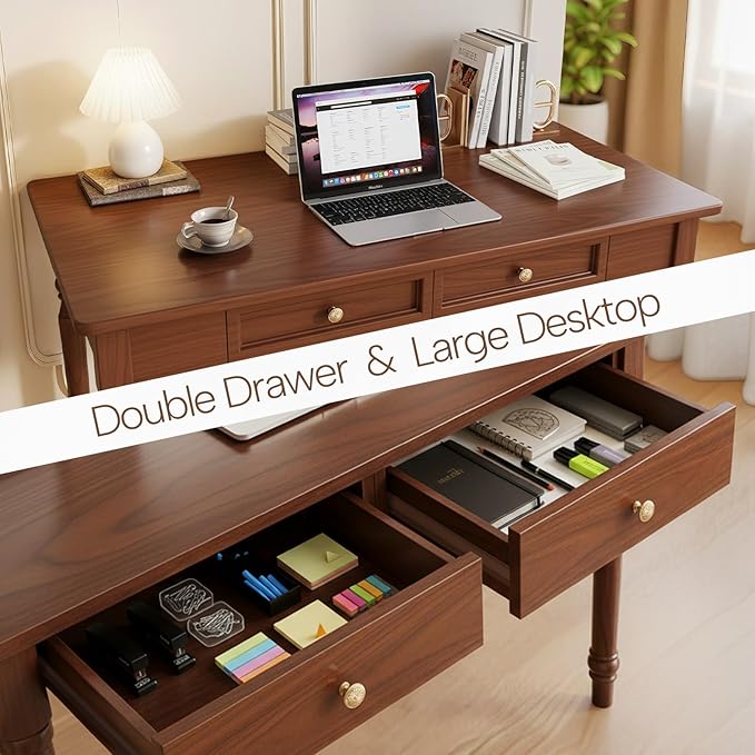 47 Solid Wood Executive Desk Walnut Large Dual Monitor Workstation Full-Extension Drawers