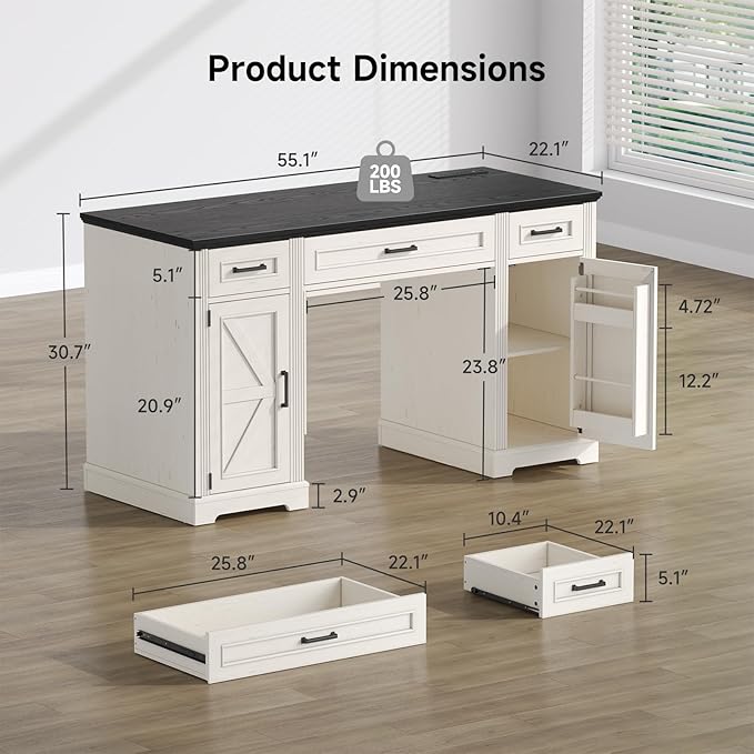 ONBRILL 55 inch Farmhouse Executive Desk with Drawers Home Office Desk with File Cabinet Outlets Storage Cabinet Keyboard Tray Wood Computer Desk for Work Study Writing Off White &amp Black
