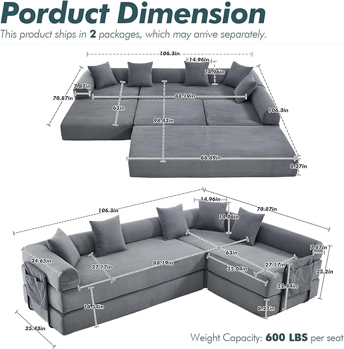 10-in-1 Folding Convertible Sofa Bed 141 Inch Boneless Couch with Fixed-Shape Frame Corduroy Modular Sectional Sofa Mattress Sleeper Sofa Floor Sofa Futon Couch for Living Room (Grey)