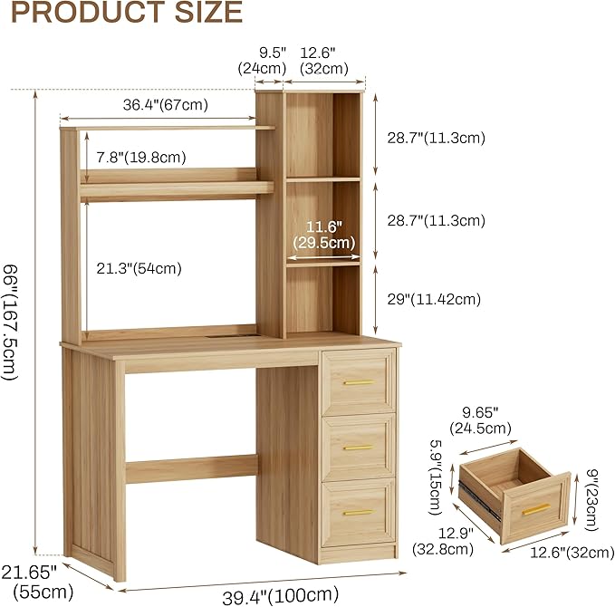 LVSOMT 40” Home Office Desk with Hutch and Drawers Computer Desk with Power Outlets and LED Light Study Writing Gaming Table with Storage Shelves Workstation for Bedroom Wood
