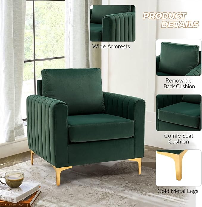 HULALA HOME Velvet Accent Club Chairs Set of 2 Modern Velvet Armchair Upholstered Accent Club Chairs Sofa Chairs with Gold Metal Legs Mid-Century Barrel Leisure Comfy Reading Armchair Green