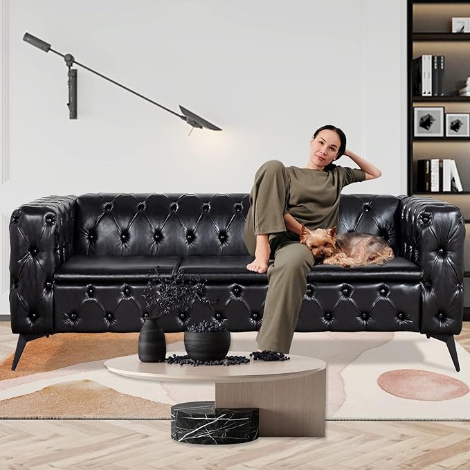 Black Couches for Living Room Modern Tufted Chesterfield Sofa Deep Seat Comfy Faux Leather Sofa Tight Pleated Rolled Arms 85” 3 Seater Sofas for Bedroom Office