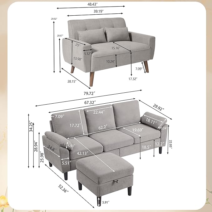 2 Piece Sectional Sofa Set 3-Seater L Shaped Couch with Storage Ottoman 2 Seat Loveseat Comfy Sofa Set Polyester Fibre for Living Room Light Grey