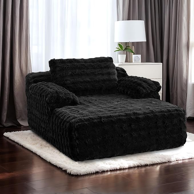 VINGLI 67.7 Oversized Chaise Lounge Chair Indoor Reading Chairs Comfy Bubble Fleece Upholstered Boneless Sofa Bed Sleeper Sofa Cloud Couches for Living Room Bedroom Play Room (Black)