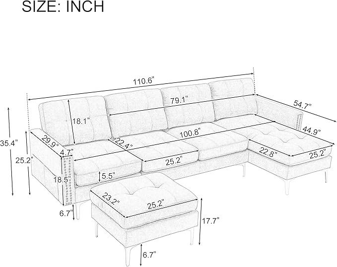 P PURLOVE Velvet Modern Large Sectional Sofa U Shape Upholstered Couch with Chaise Convertible Sofa Couch with Movable Ottoman for Living Room Apartment (Yellow)