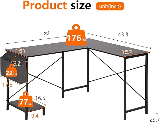PayLessHere 50 Inch L-Shaped Computer DeskGaming Desk with Durable Metal FrameCorner Desk with Side Storage Bag &amp CPU Stand for Home Office Gaming StudyBlack