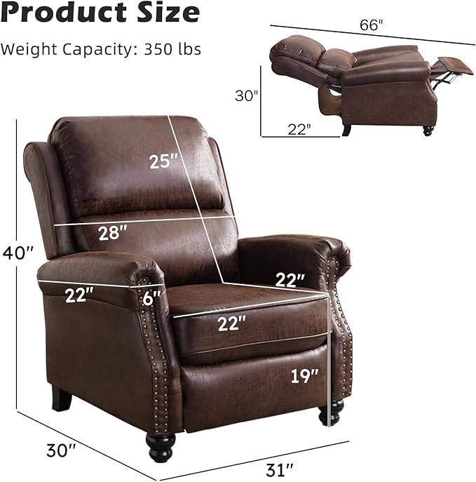 Push Back Recliner Chair Faux Leather Lounge Armchair with Rivet Decoration Wingback Single Sofa Chair with Padded Seat Solid Wood Legs for Living Room Comfy Upholstered Set of 2 Red Brown