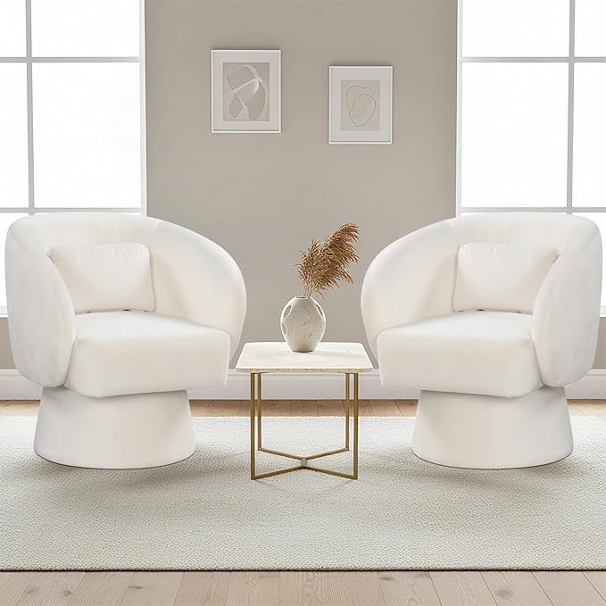 Giantex Swivel Accent Chair Upholstered Barrel Chair with Curved Back &amp Removable Lumbar Pillow Comfy Round Armchair with 360° Rotating Function Single Sofa Chair for Living Room