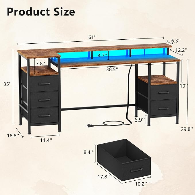 61 Inch Gaming Desk with Power Outlets and LED Lights Reversible Computer Desk with 5 Fabric Storage Drawers Home Office Desk with Monitor Stand for Working Writing Study Rustic Brown