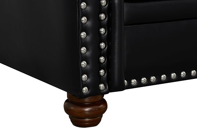 Faux Leather Sofa Set of 2: Love Seat +3 Seat Couch Underseat Storage Classic Sofa Elegance Rolled Armrests Nailhead Trim Wood Legs Classic Living Room Accent 2+3 Seat-Black