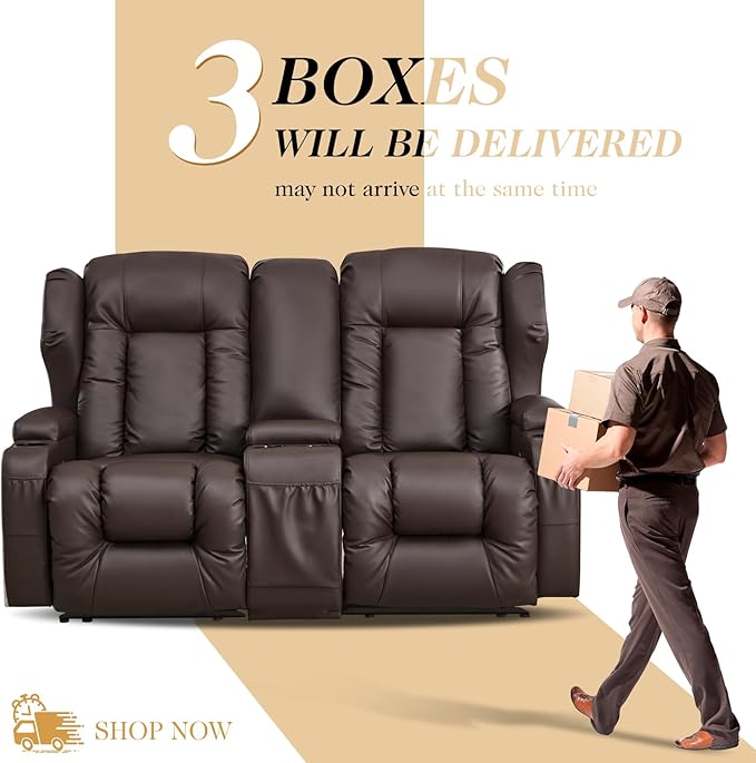 Loveseat Recliner SofaRV Wall Hugger Recliners for Small SpacesReclining Loveseat Sofa Recliner with Cup Holders/Lumbar PillowsRV Furniture (Brown Loveseat with Console)