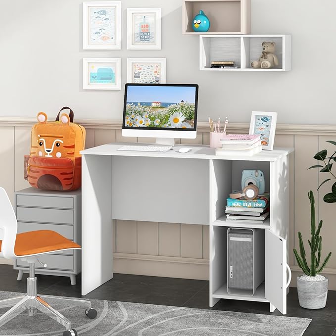 COSTWAY 42” White Home Office Desk Modern Computer Workstation with Open Compartment &amp Cabinet Compact Writing Desk with Cable Holes for Bedroom Study Room Dorm