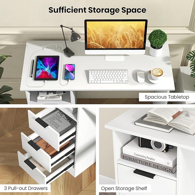 Computer Desk with Drawers 42.5’’ White Desk with Storage Shelf &amp Built-in Power Outlet Wood Vanity Makeup Table Small Desk for Bedroom Living Room Study Home Office