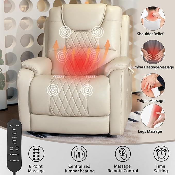 EONIX Triple Motor Lay Flat Power Lift Recliner Chair for Elderly with Massage 400lbs Electirc Lift Chair for Living Room Independent Adjustable Backrest Headrest Extended Footrest Cream White