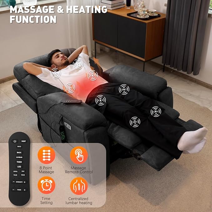 EONIX Triple Motor Lay Flat Power Lift Recliner Chair for Elderly 400lbs Electirc Lift Chair for Living Room Independent Adjustable Lumbar Extended Footrest Hidden Cup Holders Charcoal Black