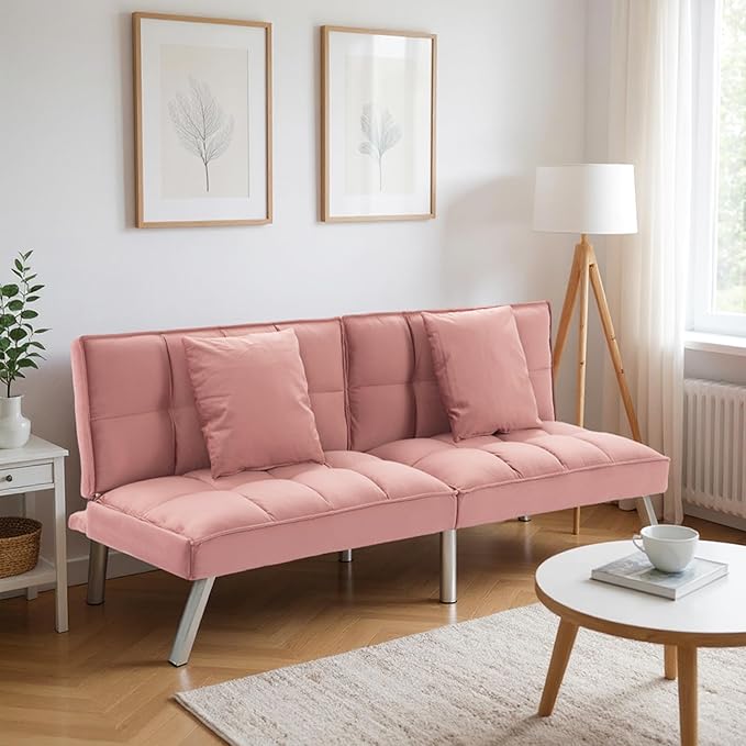 68 Modern Sofa Bed FutonConvertible Sleeper Bed Couch with 4 Reclining BackrestComfy Velvet Cloud Sofa Loveseat for Living Room Bedroom Office (Pink)