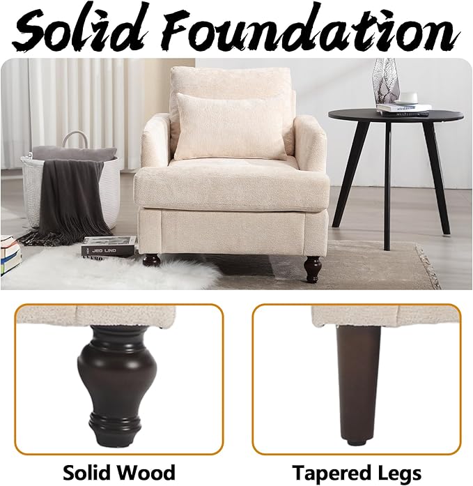Oversized Accent Chair with Lumbar Pillow Upholstered Side Chairs for Living Room Bedroom Comfy Reading Chairs for Adults with Wide Seat Thick Cushion Soft Chenille (Beige)