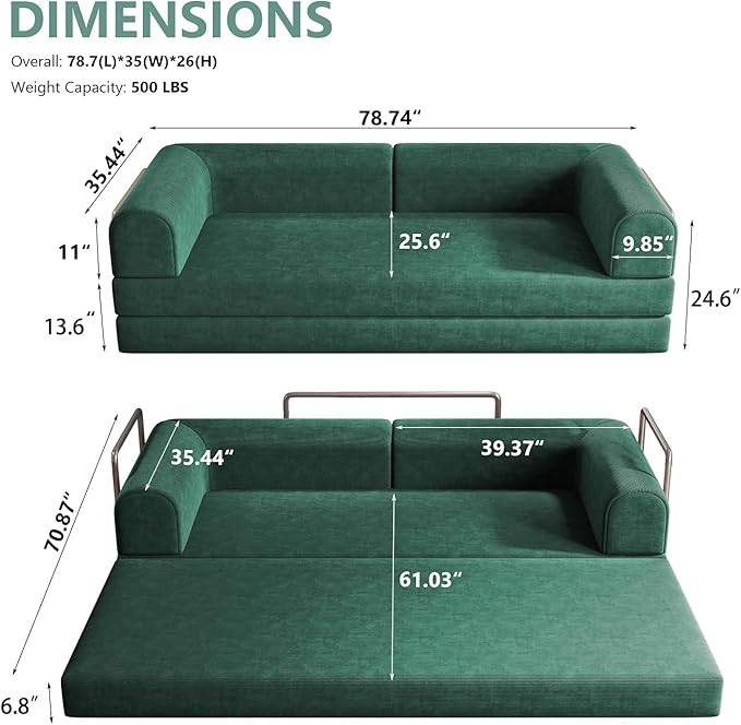 Folding Boneless Couch Convertible Sleeper Sofa Bed Futon Lounge Chair Boneless Corduroy Loveseat with Pull Out Bed Floor Sofa Modular Couch for Living Room Basement Movie Theater Room Green
