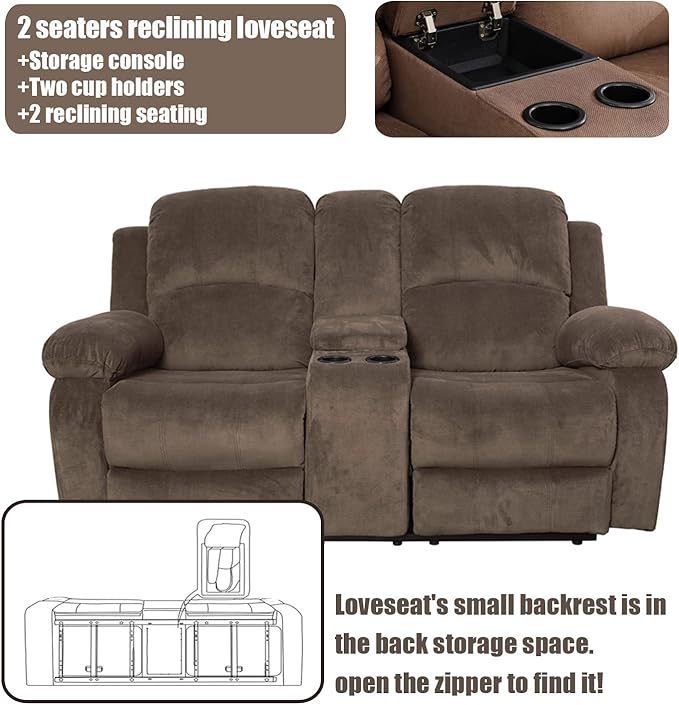 Manual Recliner Loveseat Sofa Reclining Couch with Cup Holders2 Seats Loveseat with Storage Console for Living Room/Office/Lounge/Club/Rv Car（Brown Velvet2 Seater Loveseat）