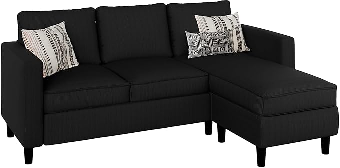 JAMFLY Sectional Sofa Couch Convertible L Shaped Sofas with Ottoman Small Sectional Couches for Living Room 3 Seater Couch for Small Spaces Black