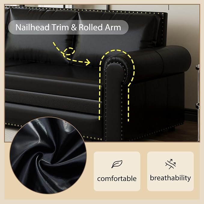 93.7 King Size Chesterfield 3-seat Pull Out Sofa Bed Leather Sofa Bed with Nailhead Trim and Rolled Arm 3-in-1 Sofa Sleeper for Living Room Apartment Office Black