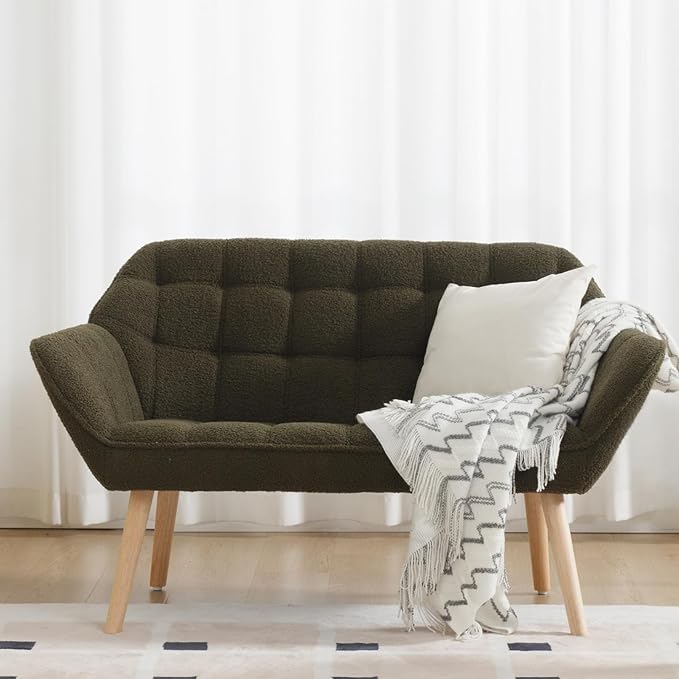 48”Small Loveseat Sofa Modern Sherpa Upholstered Mini Couch 2-Seater Fluffy Love Seat with Quilting Backs and Wood Legs for Small Space Living Room Bedroom Green