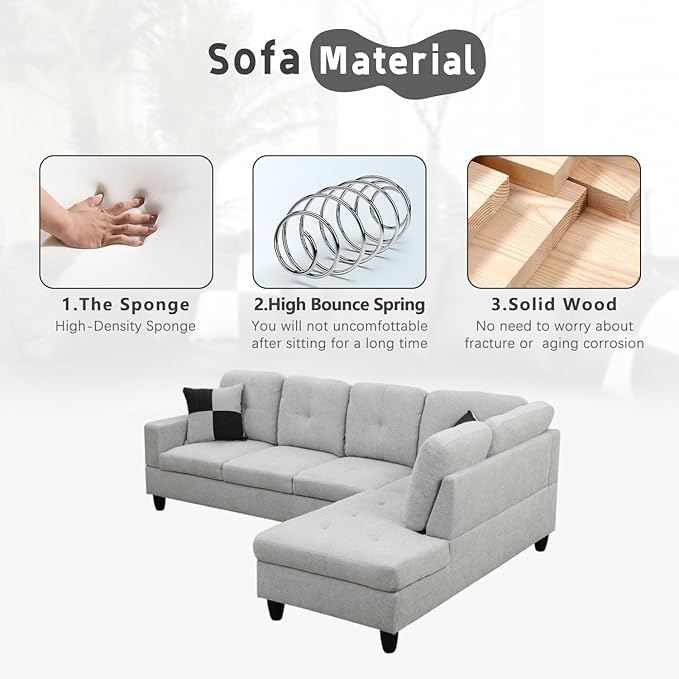 L-Shaped 3-Piece Flannel Sofa with Storage Ottoman Set Sectional Couch Sofa Set for Living Room Office Small Space Light Grey