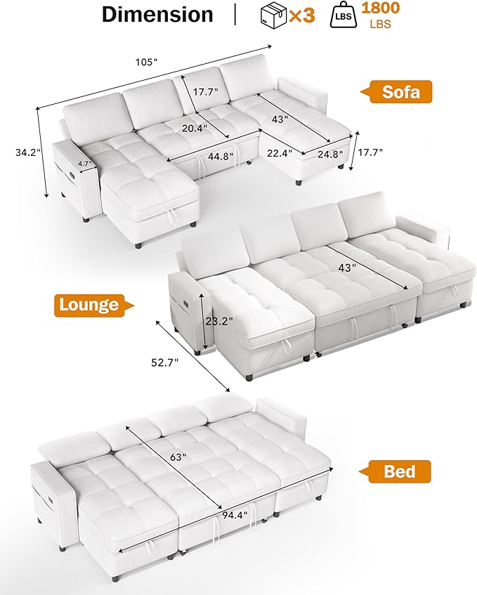 Sunny Heart Sleeper Sofa Bed 105 U Shaped Couch Sleeper Sofa Pull Out Couch Bed with Reclining Backrest | Double Storage Chaise | USB Ports | Side Pockets | Tool-Free Assembly | Chenille Beige