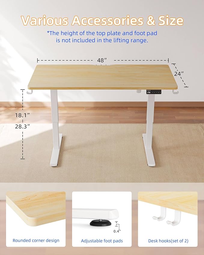 YIHAYO One-Piece Low Height Adjustable Desk Lifts 18.1-28.3 Inches Electric Standing Desk for Short People 48 x 24 Inches Computer Table with Splice Board for Home Office Natural