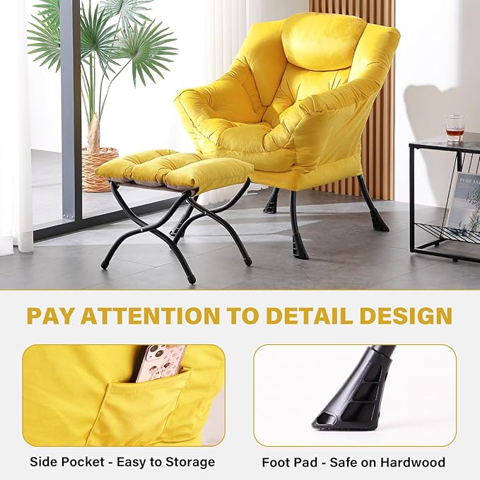 Tiita Lazy Chair with Ottoman Yellow Modern Large Accent Armchair Comfy Leisure Sofa Reading Chair with Footrest for Bedroom Living Room Dorm Rooms Garden Velvet Yellow